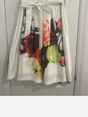 Gracia White A-Line Skirt with Colorful Rose Print and Tie Waist